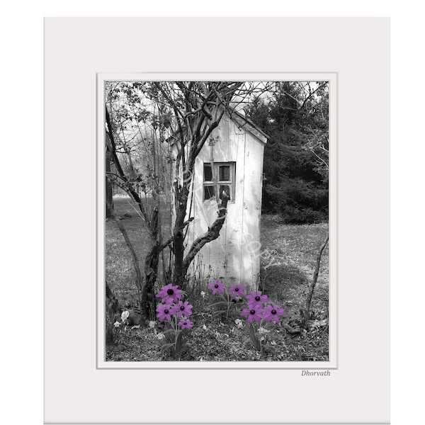 Purple Gray Wall Art For Bathroom, Vintage Outhouse Flower Photography Photo Matted Wall Art Picture