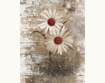Red Art. Red Brown Rustic Daisy Photography Home Decor Matted Wall Decor Picture