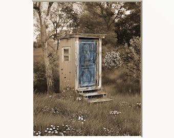 Farmhouse Country Rustic Outhouse, Blue Brown Bathroom Home Decor Matted Wall Art Print