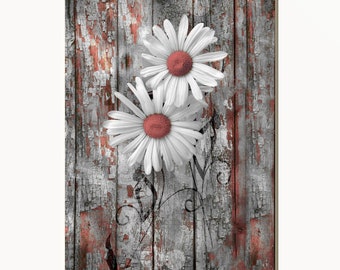 Farmhouse Country Bathroom Wall Decor Outhouse Wildflowers Rustic Home Decor Matted Coral Brown Wall Art Picture