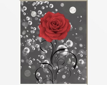 Red Rose Flower Bubbles Wall Art Print, Decorative Bath, Red Home Decor Wall Art Matted Pictures (Options)