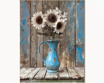 Brown Blue Rustic Wall Art, Sunflowers Wall Decor, Farmhouse Matted Wall Art Prints