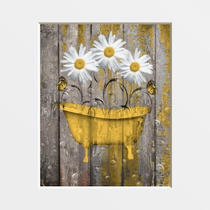 Yellow Daisy Flowers, Rustic, Country Farmhouse Bathroom Wall Art. Yellow Home Decor Matted Wall Pictures (Options)
