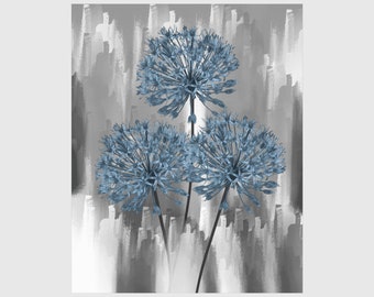 Blue Gray Wall Art, Floral, Flowers, Botanical Home Decor Matted Art Print