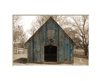 Rustic Brown Blue Wall Art, Barn Wall Print, Farmhouse Home Decor Theme Wall Art Picture