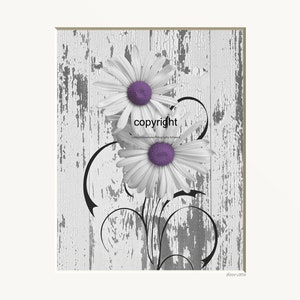 Purple Daisy Photography Print: Rustic Gray Wood Wall Art