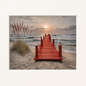 Red Pier Beach Matted Wall Art, Coastal Sunset Print, Ocean Landscape Decor