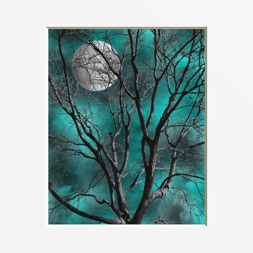 Black White Blue Wall Art Teal Decor Tree Moon Bedroom Etsy