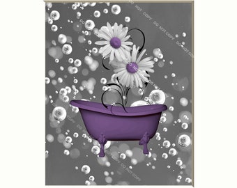 Purple Gray Modern Rustic Bathroom Wall Art Purple Daisy Flowers Bathtub Decor 