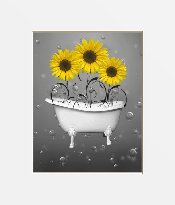 Yellow Gray Bathroom Wall Pictures Sunflowers in Bathtub - Etsy