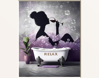 Purple Silhouette Lady Print: Modern Bathroom Bedroom Wall Art