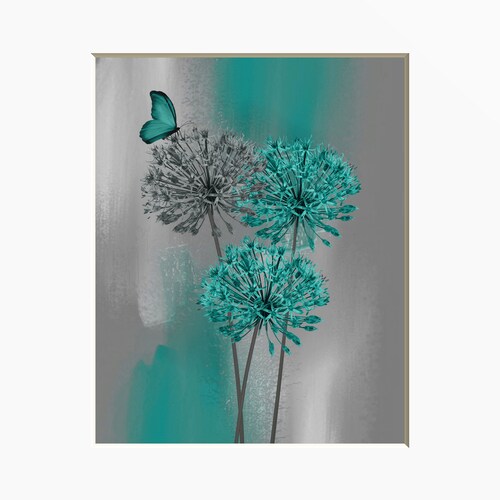 Teal Gray Home Decor Wall Art Teal Gray Butterfly Floral Wall Etsy