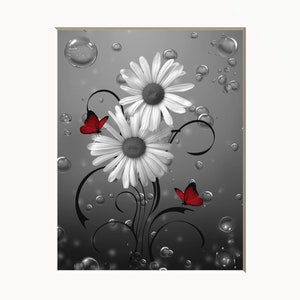 Black White Red Wall Art,Daisy Flowers Butterflies Bathroom Bedroom Home Decor Wall Art Matted Picture