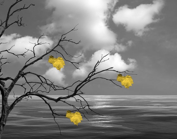 Black White Yellow Wall Art Tree With Leaves Yellow Pop Of Color Bathroom Bedroom Yellow Gray Artwork Picture