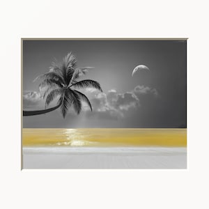 Coastal Palm Tree Matted Print: Yellow Gray Ocean Wall Art