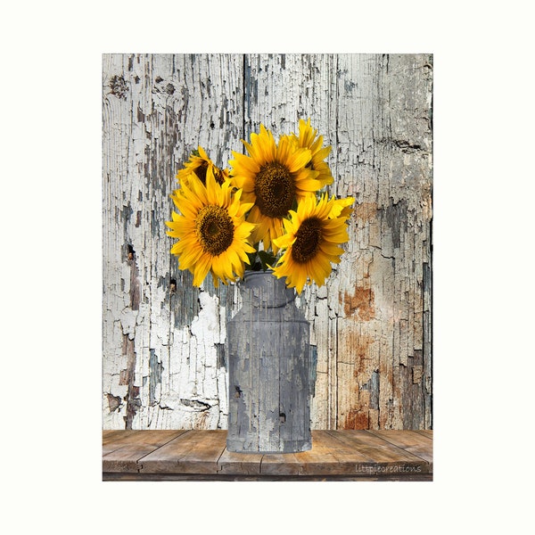 Rustic Sunflower Decor, Rustic Home Decor, Farmhouse Wall Art, Country Kitchen Home Decor Matted Picture