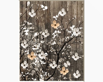 Rustic Home Decor, Flowers On Tree Branch, Brown White Rustic Farmhouse Wall Picture, Bedroom, Bathroom, Living Room Rustic Theme Artwork