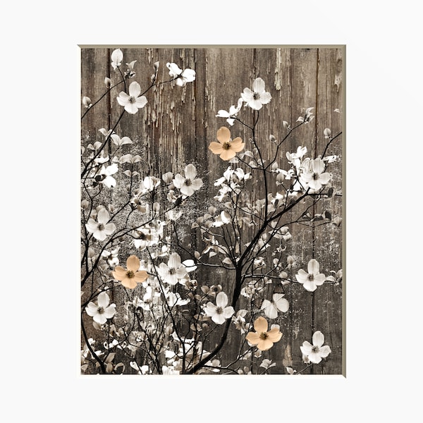 Rustic Flowers on Tree Branch Art: Farmhouse Wall Decor Matted Print
