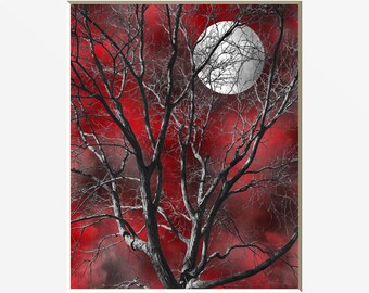 Red Gray Modern Tree Moon Wall Art, Red Bedroom Wall Picture, Red Home Decor Matted Picture