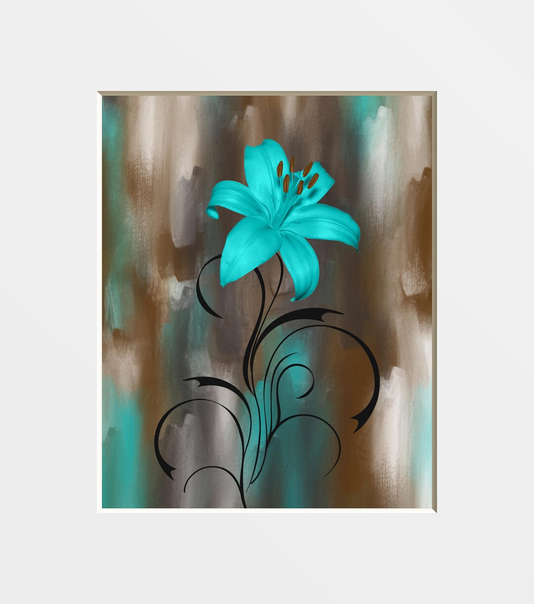 Teal Brown Modern Wall Decor, Lily Flower, Teal Picture, Bathroom Bedroom Photography Matted