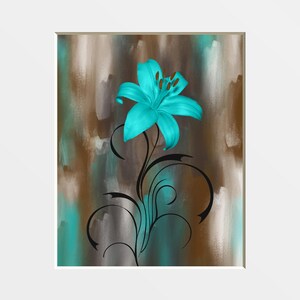 Teal Brown Modern Wall Decor, Lily Flower, Teal Picture, Bathroom Bedroom  Photography Matted Artwork Picture