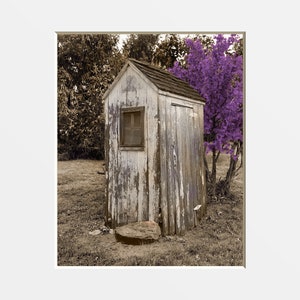 Purple Brown Outhouse Tree Bathroom Decor, Photograpy Home Decor Matted Wall Art Picture
