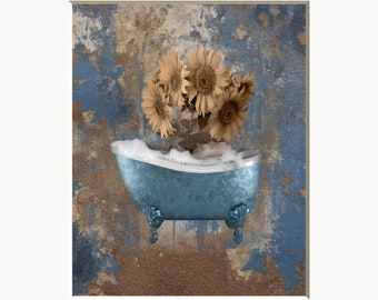 Rustic Home Decor, Bathroom Wall Art, Sunflowers In Vintage Tub, Brown Blue Wall Art Matted Picture