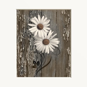 Rustic Daisy Flower Wall Art Print: Modern Farmhouse Decor, Matted Picture