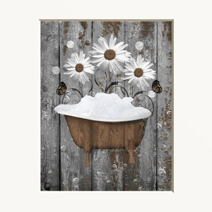 Daisies in Vintage Tub Photography Print: Matted Bathroom Wall Art