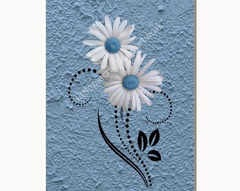 Blue Modern Textured Wall Art, Daisy Flowers Blue Bathroom Bedroom Wall Decor Matted Picture