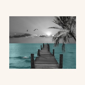 Black White Blue Beach Pier, Palm, Coastal Seagulls, Bathroom Bedroom Wall Art Matted Picture