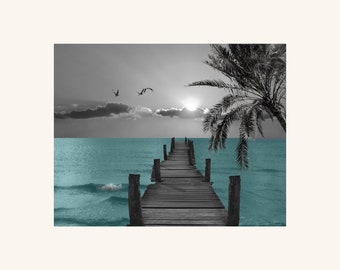 Black White Blue Beach Pier, Palm, Coastal Seagulls, Bathroom Bedroom Wall Art Matted Picture