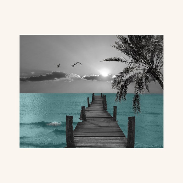 Black White Blue Beach Pier, Palm, Coastal Seagulls, Bathroom Bedroom Wall Art Matted Picture