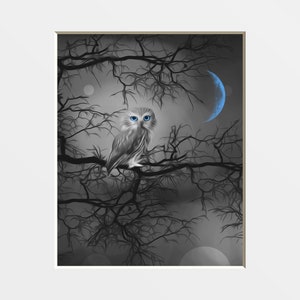 Owl Moon Art Print: Black, White & Blue Matted Picture
