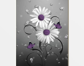 Purple Gray Wall Art, Purple Wall Pictures, Purple Floral Art, Purple Bathroom Bedroom Matted Wall Art