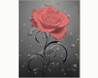 Coral Wall Decor, Coral Rose Flower, Coral Bathroom Bedroom Home Decor Matted Wall Art Picture