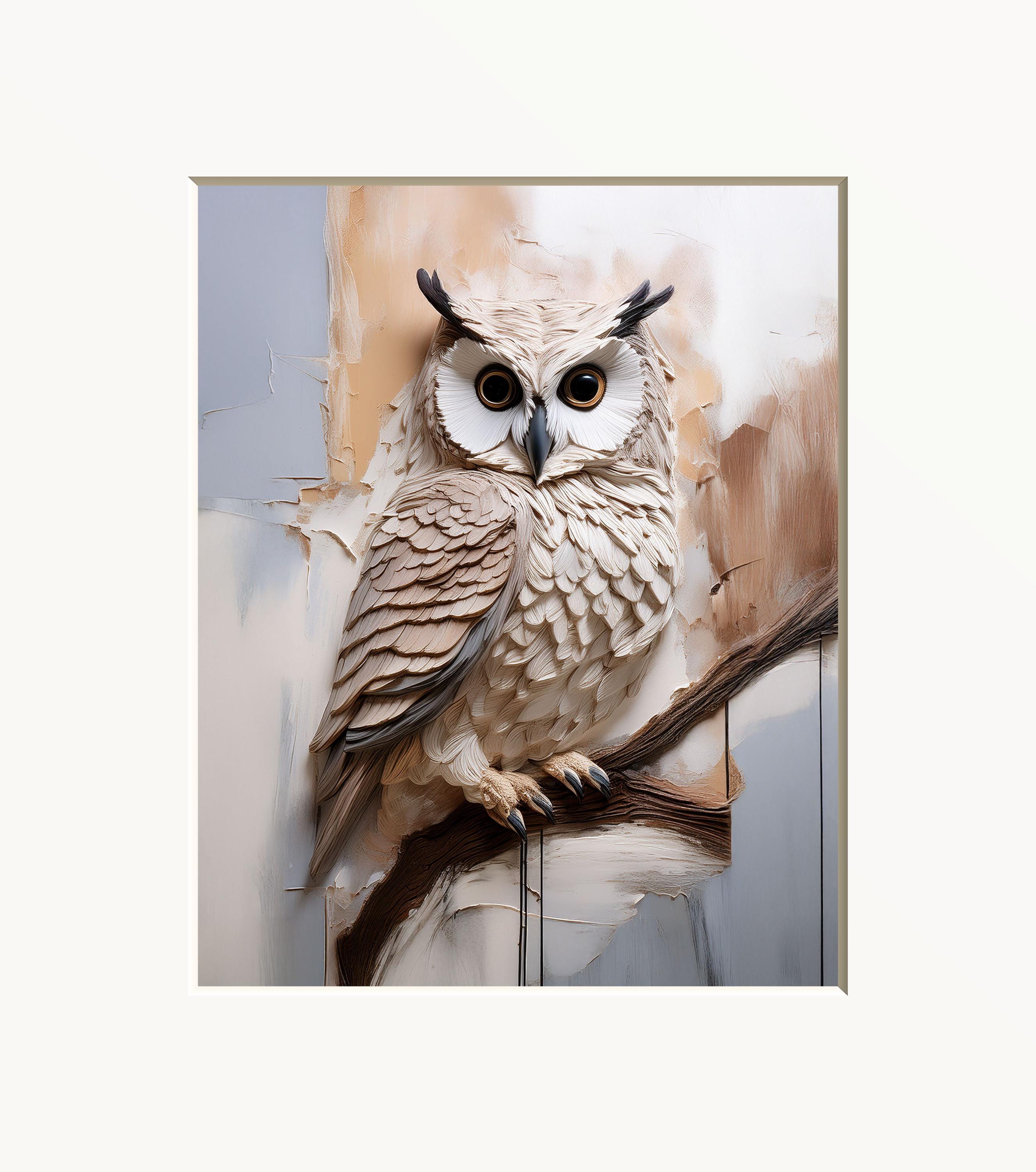 Textured Owl Wall Art, Brown Beige, Matted Print