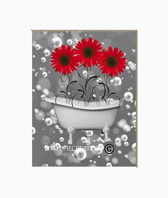 Red Gray Modern Bathroom Wall Decor Sunflowers Bubbles ...
