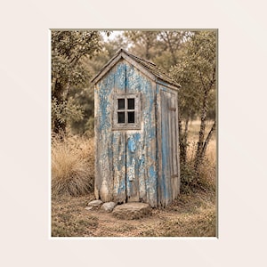 Rustic Blue Weathered Outhouse Print, Vintage Cottagecore Farmhouse Bathroom Matted Wall Art