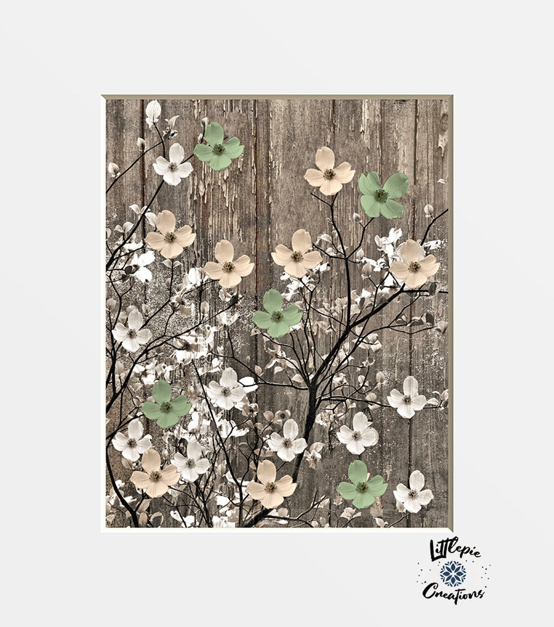Green Brown Wall Decor, Dogwood Flowers Rustic Decor, Photography Art