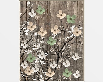Green Brown Wall Decor, Dogwood Flowers Rustic Decor, Photography Art, Green Home Decor Matted Wall Art Picture
