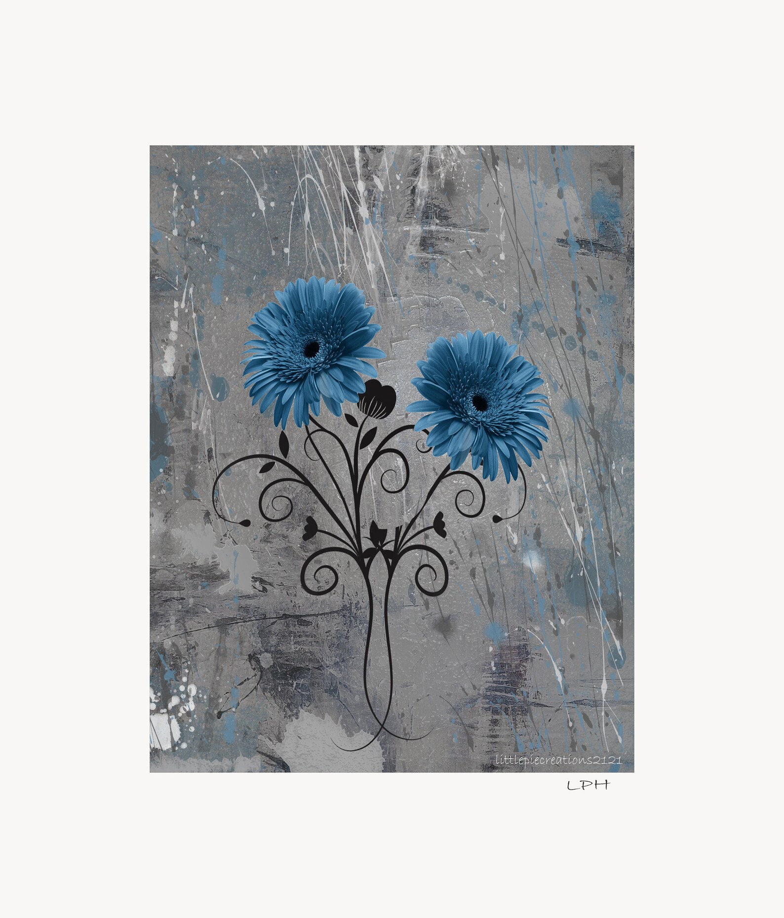 Blue Gray Floral Wall Art Home Decor Bedroom Bathroom Home Etsy