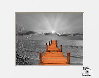 Orange Gray Wall Decor, Orange Wall Pictures, Beach Pier Ocean Sunset Matted Wall Art Picture