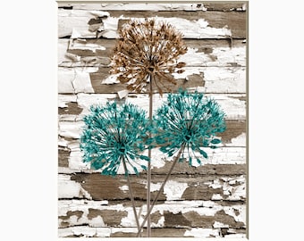 Rustic Home Decor, Teal Flowers, Farmhouse/Country Rustic Theme Wall Art Matted Picture