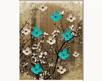 Rustic Home Decor, Dogwood Flowers, Teal Brown Matted Wall Art Picture