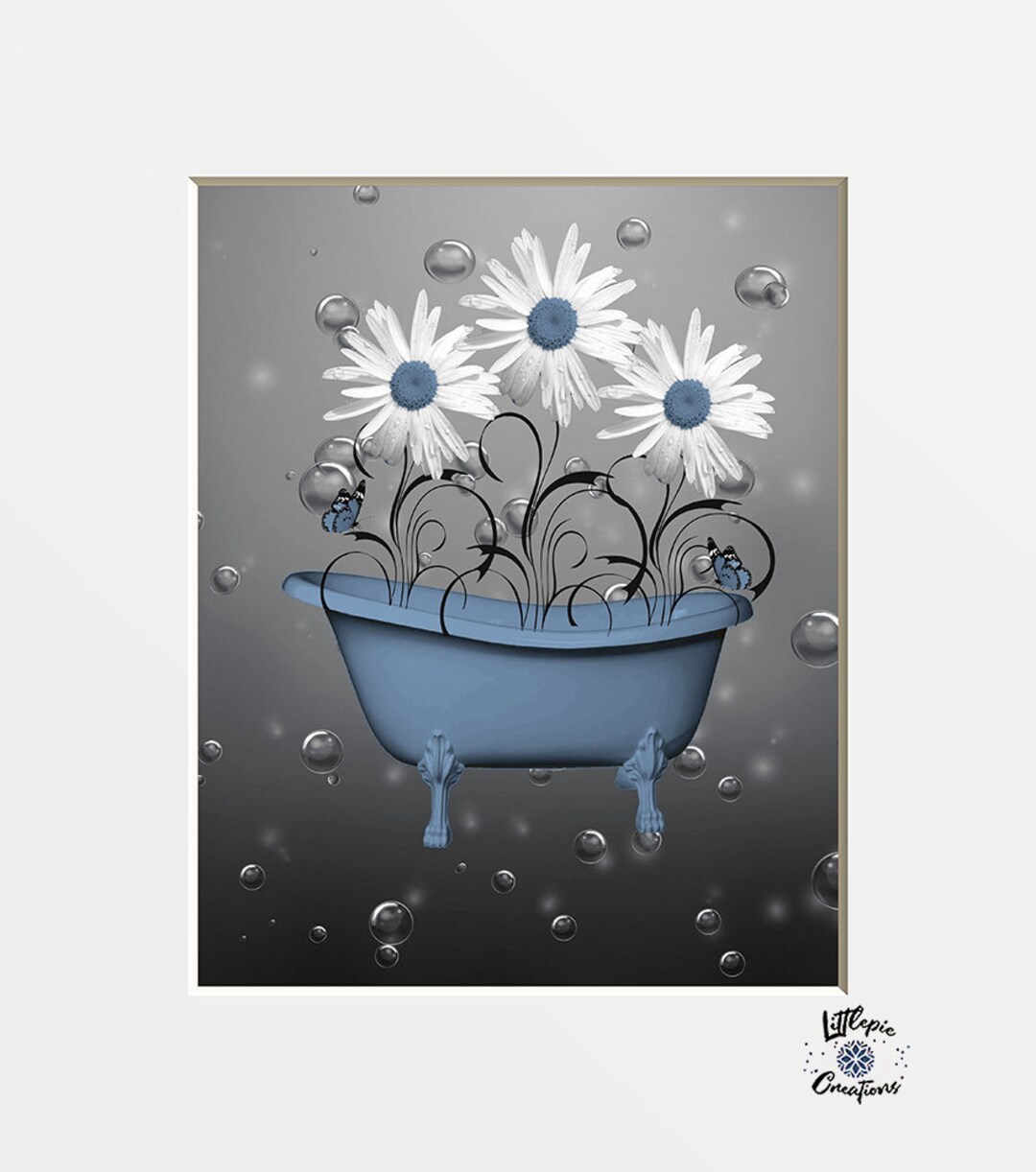 Blue Gray Bathroom Wall Decor, Daisy Flowers Bubbles Tub, Blue Home ...