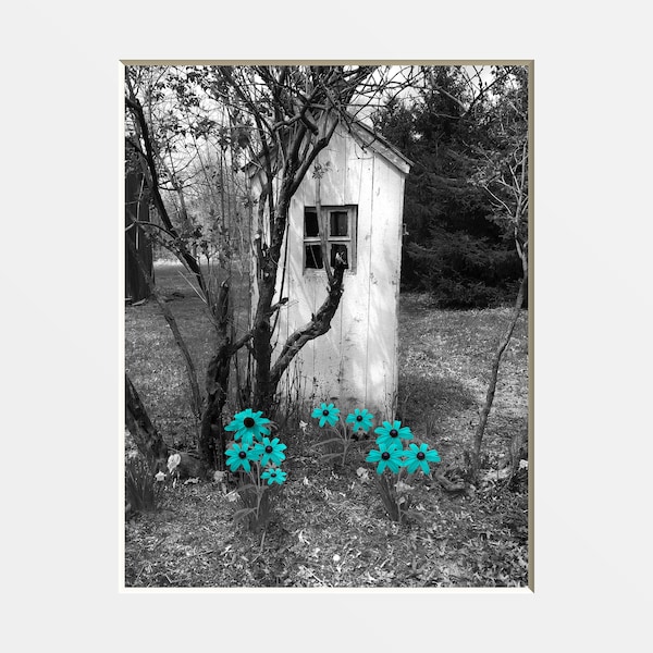 Black White Teal Bathroom Wall Decor, Vintage Outhouse Flowers, Teal Gray Matted Wall Art Picture