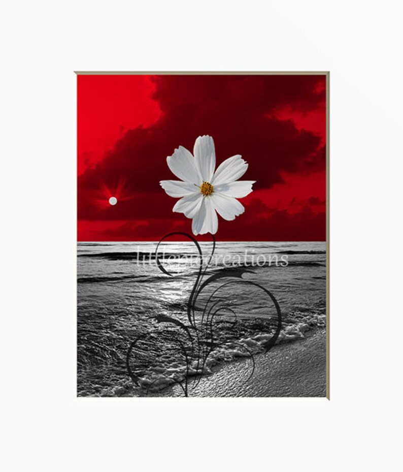 Black White Red Wall Art Coastal Beach Decor Bathroom Bedroom Gray Home Matted Picture