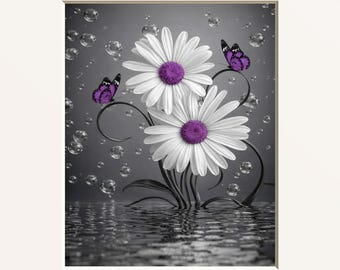 Bathroom Purple Floral Wall Art, Daisy Flowers Butterflies Matted Print