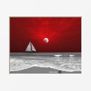 Red Moon Sailboat Photo: Coastal Bedroom Wall Art (Matted)